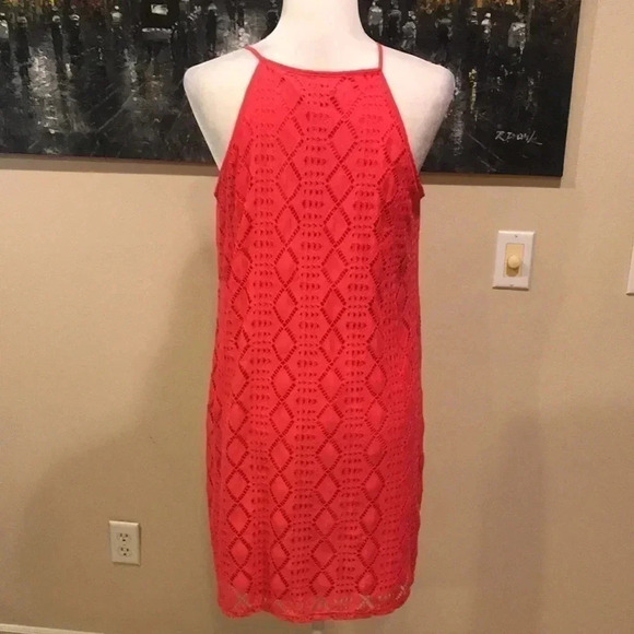 As U Wish Dress Womens Coral Mini Halter Neck Shift Stretch Sheer Lace-Size L - Picture 2 of 11